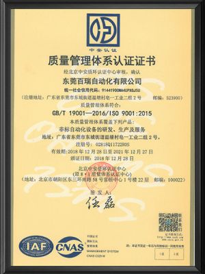 Dongguan Bairui ISO9001 Certificate (English Version)